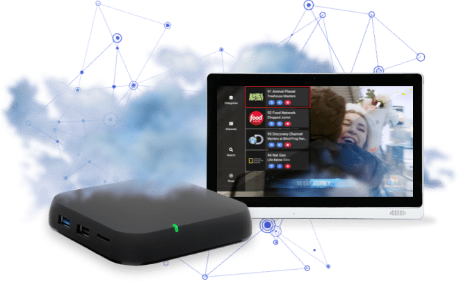 Promotieafbeelding van IPTV Nederland met een tv-box, wolkeffect en een scherm waarop live tv-kanalen worden getoond.