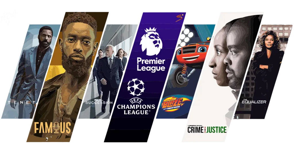 Collage van populaire films en tv-programma's zoals Famous, Premier League, Champions League en Críme & Justice.