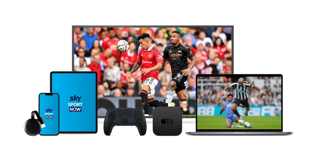 Afbeelding van meerdere apparaten met live sportuitzendingen, waaronder een tv, laptop, smartphone en gameconsole.